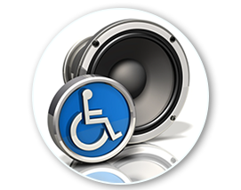 wheelchair icon with a speaker